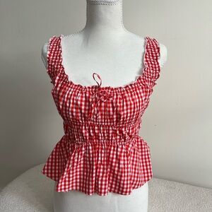 Aritzia Red Checkered Ruffle Blouse